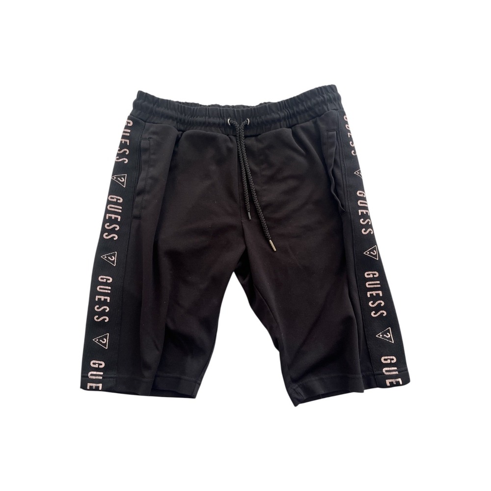 GUESS Shorts Mens Small Black Logo Tape Athletic Lounge Pockets Stretch Long Tie